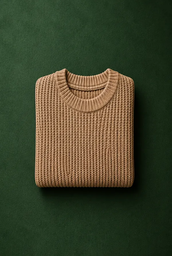 Before: a knitted jumper photographed on dark green fabric.
