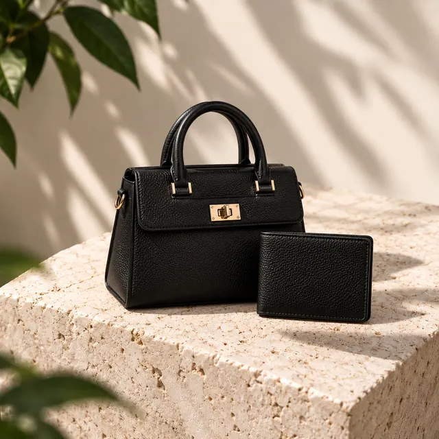A black handbag and a matching wallet on a stone plinth.