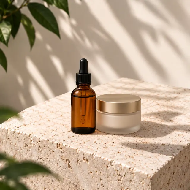 An amber serum bottle and a cream jar on a stone plinth.