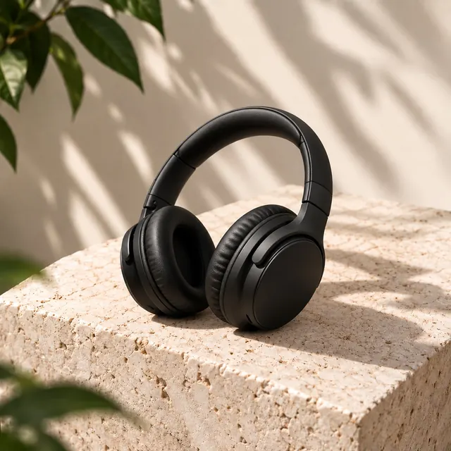 Black over-ear headphones on a stone plinth.