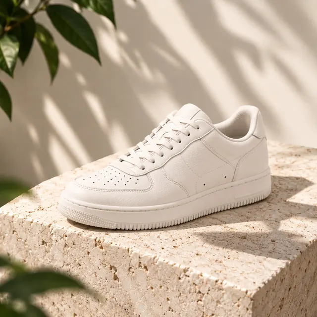 A white sneaker on a stone plinth in leaf-dappled light.